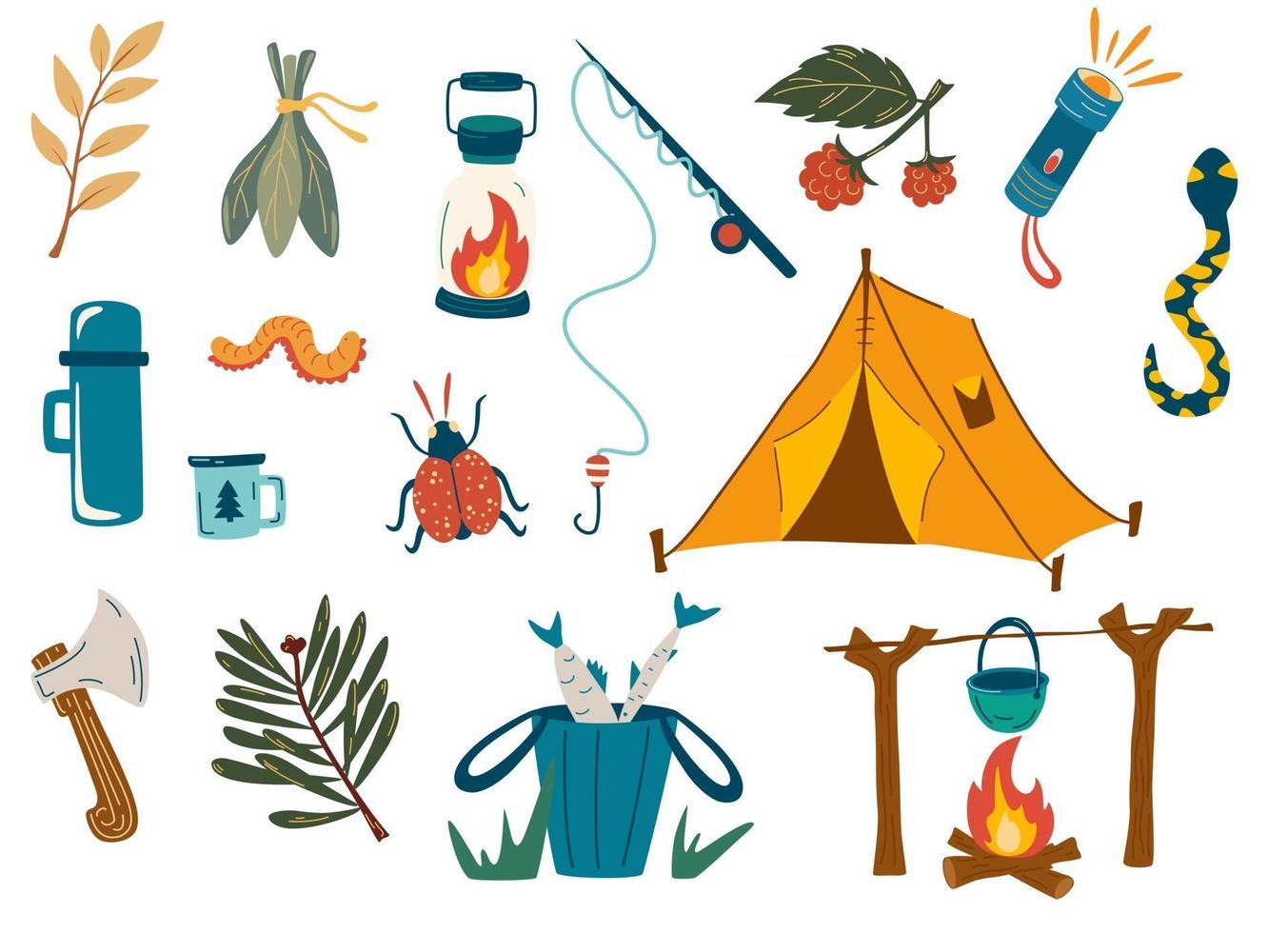 Camping- und Wanderset. Erholung im Freien, Angeln, Wandern im Wald. für Scrapbooking, Bastelprojekte, Poster, Tags, Aufkleber. Angelrute, Zelt, Feuer, Insekten, Äste, Taschenlampe, Axt. Vektor