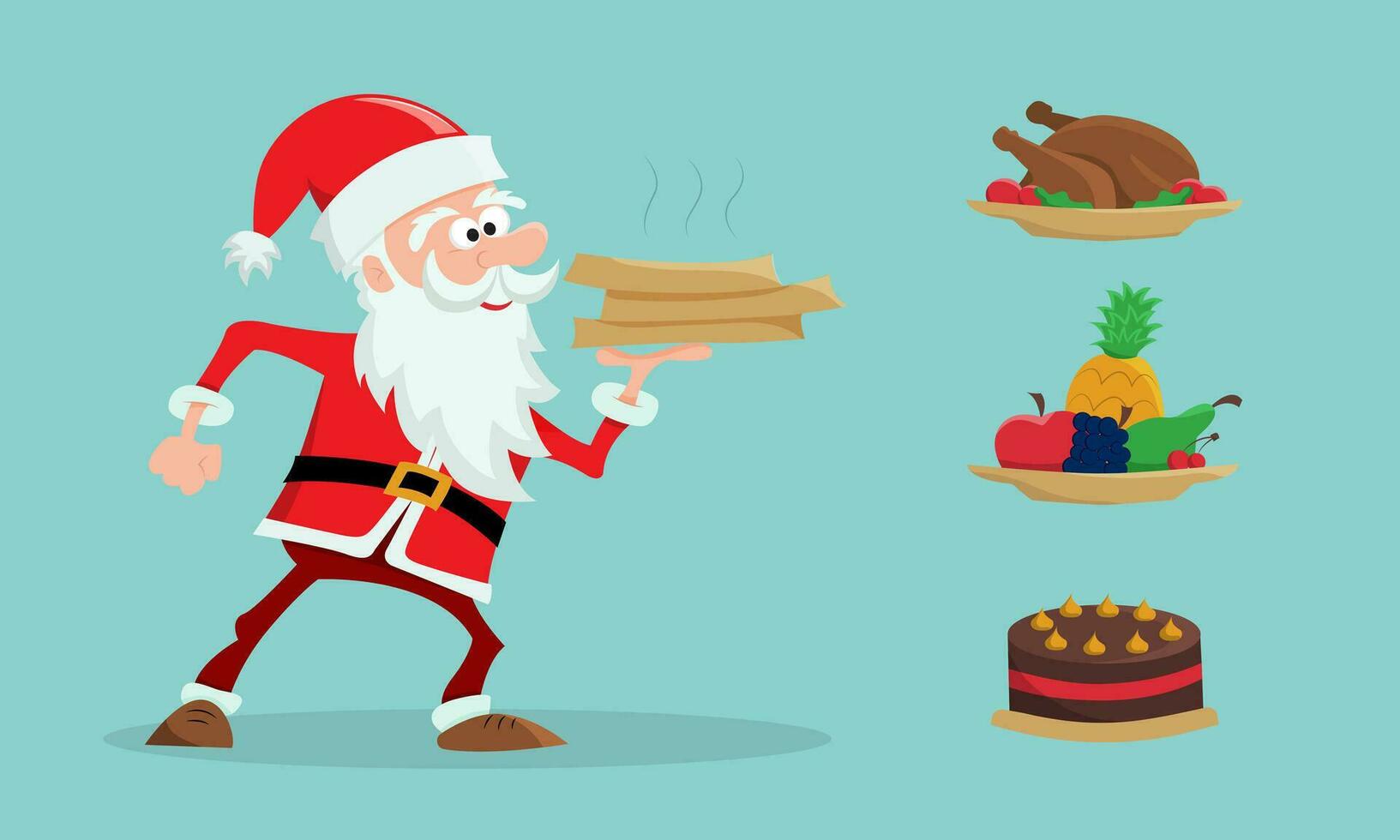 jul santa claus leverans pojke levererar pizza eller Övrig mat. uppsättning konstruktör var du kan byta ut de leverans produkt - snabb mat, frukt, konfektyr. platt vektor illustration.