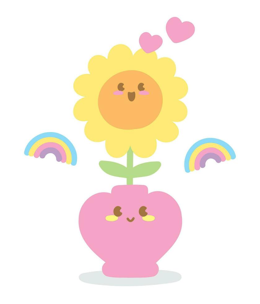 süß kawaii glücklich Blume mit Herz Topf Hand gezeichnet Illustration Vektor