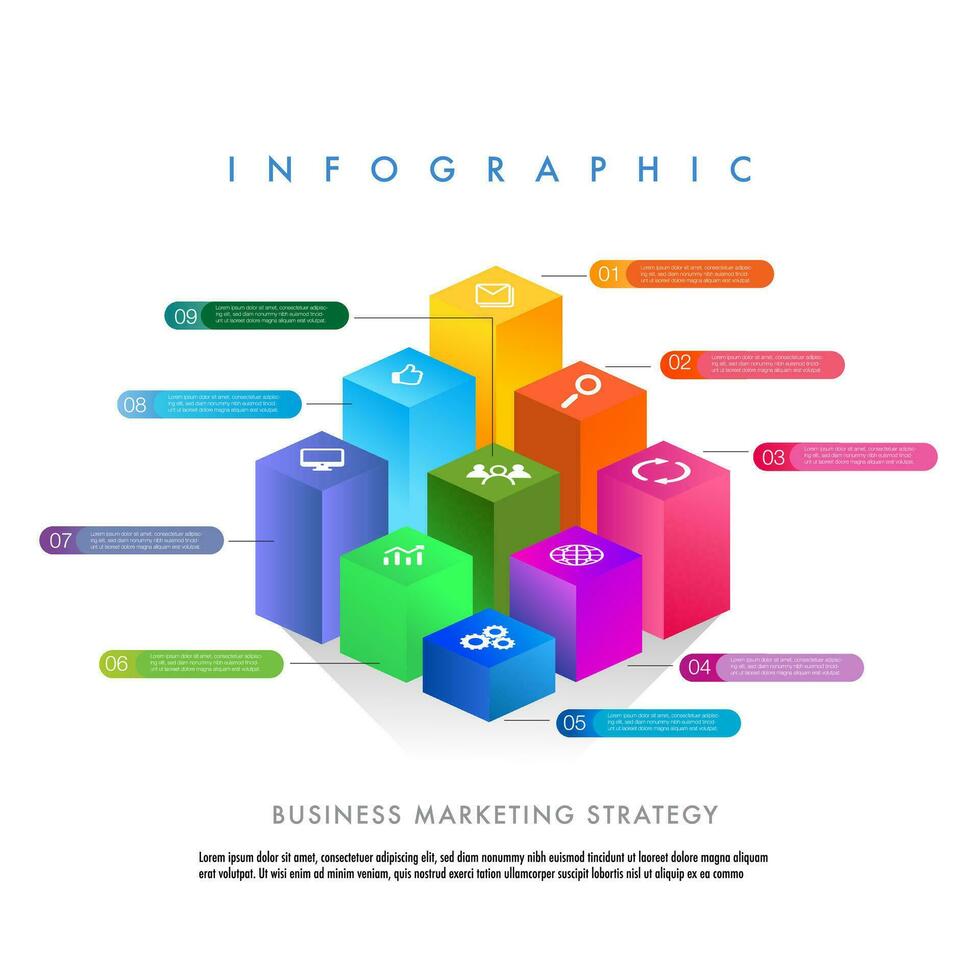 Geschäft minimal planen Infografik Design Vorlage bunt Elemente. Diagramm mit 9 Optionen, Schritte vektor