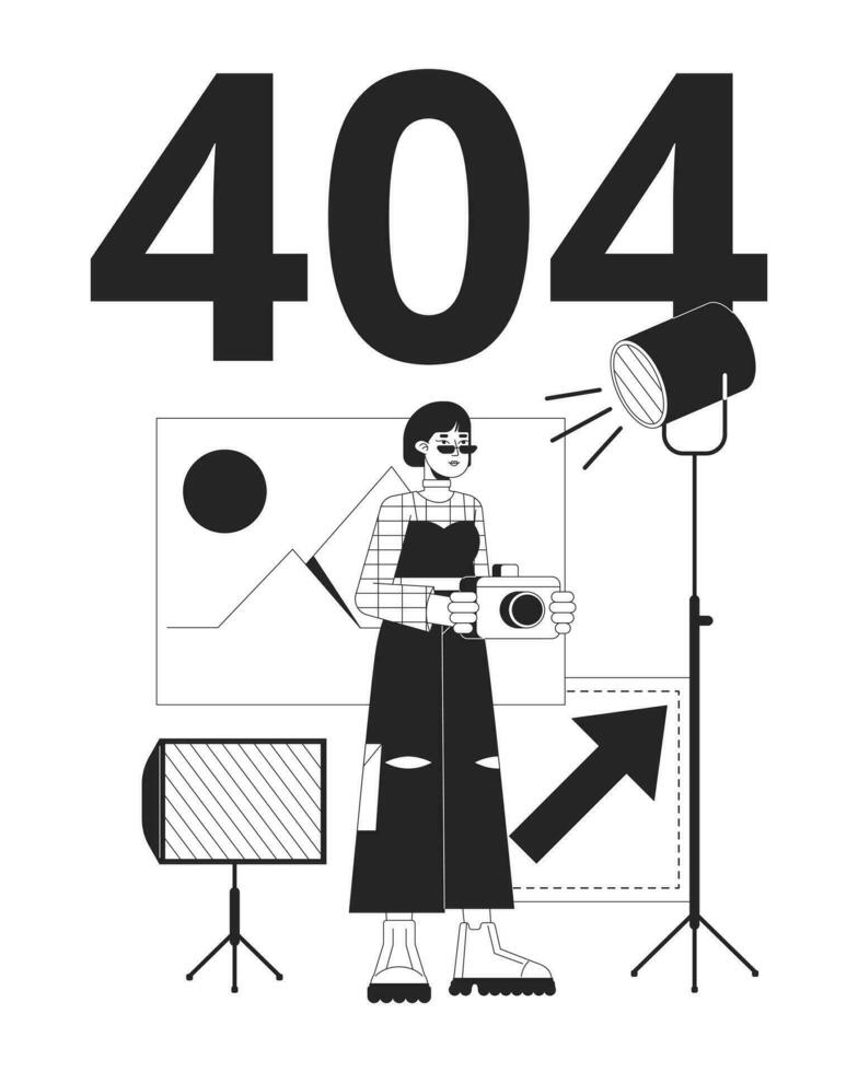Foto studio svart vit fel 404 blixt meddelande. asiatisk kvinna fotograf frilans arbete. svartvit tömma stat ui design. sida inte hittades dyka upp bild. vektor platt översikt illustration begrepp