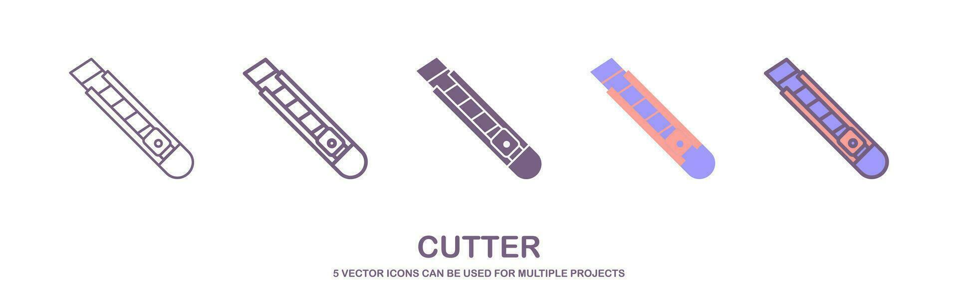 Cutter Symbol Satz, Schreibwaren Messer, Cutter zum Öffnung Verpackung, eben Symbol auf Weiß Hintergrund - - editierbar Schlaganfall Vektor Illustration