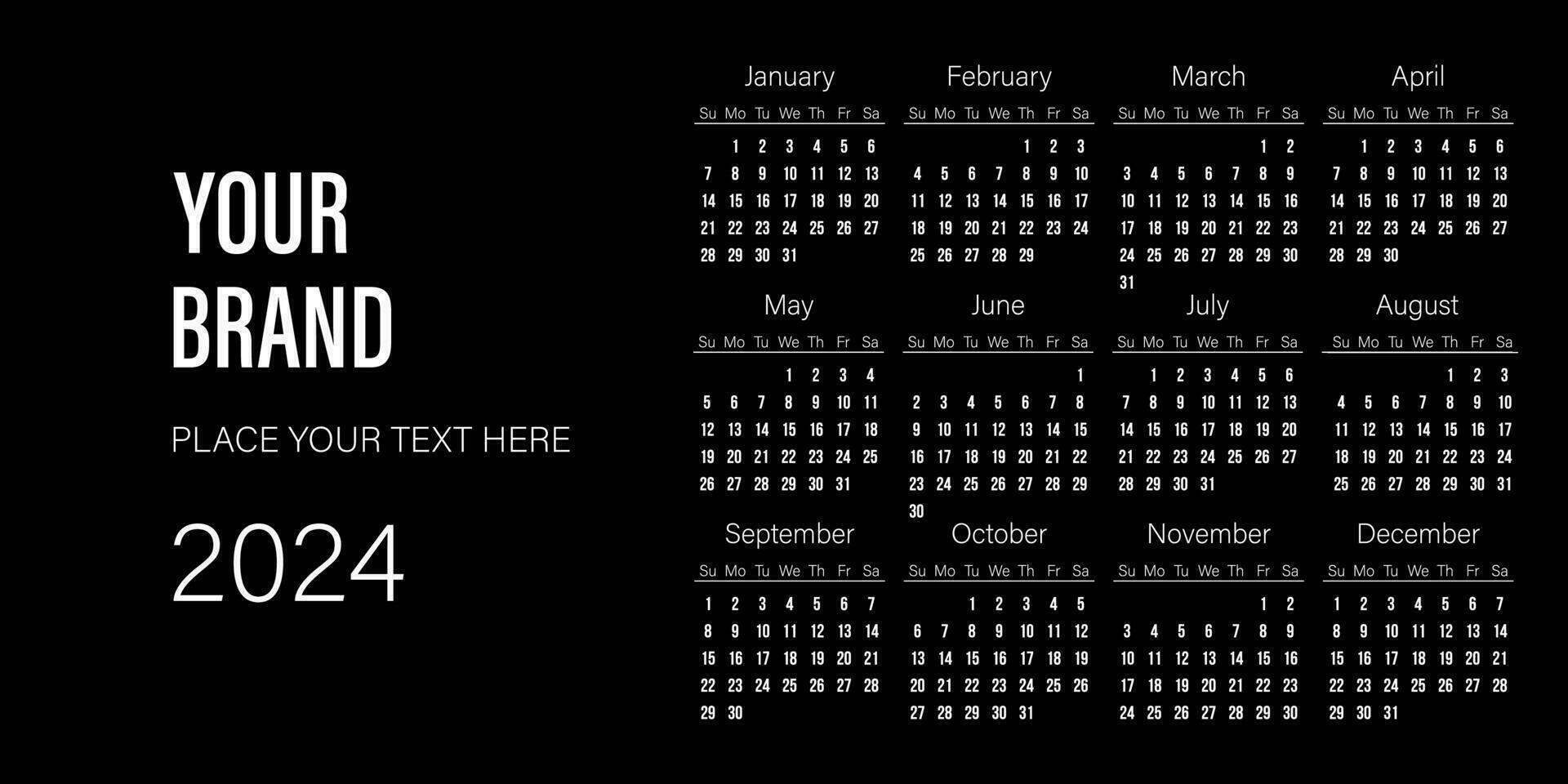 horisontell kalender 2024 mall design på svart bakgrund för din varumärke projekt vektor