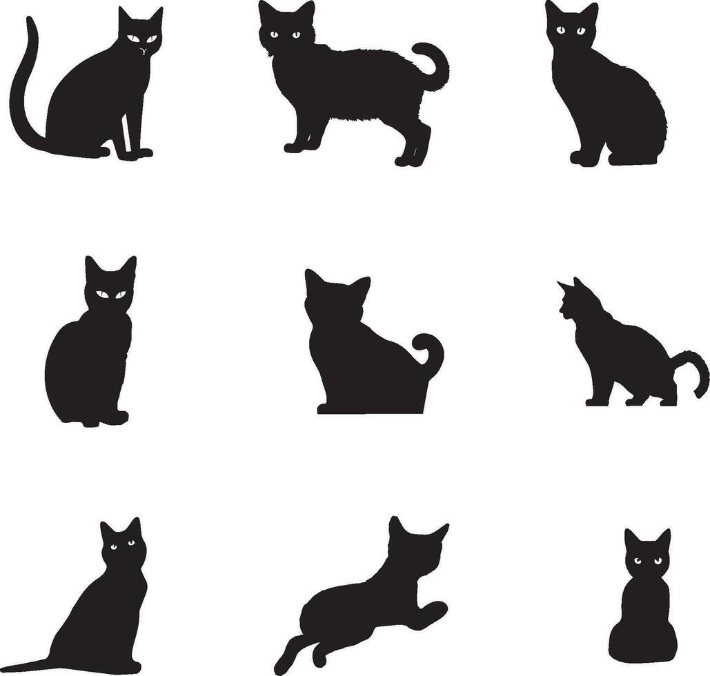 vektor katter uppsättning. djur- sällskapsdjur, vildkatt och kattunge, jägare och rovdjur, svart silhuett illustration