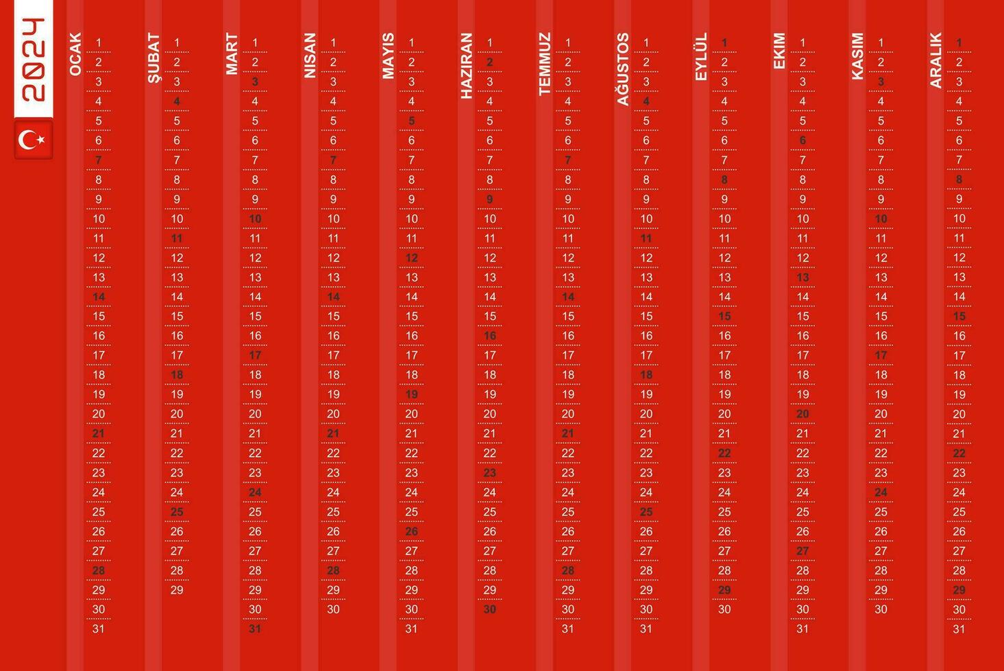 en rad vertikal kalender för de år 2024 i turkiska. turkiska kalender för 2024 med markerad söndagar. vektor