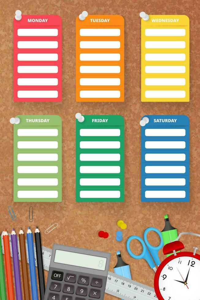 Vertikale Schule Zeitplan auf Kork Bekanntmachung Tafel mit Schule Lieferungen. vektor