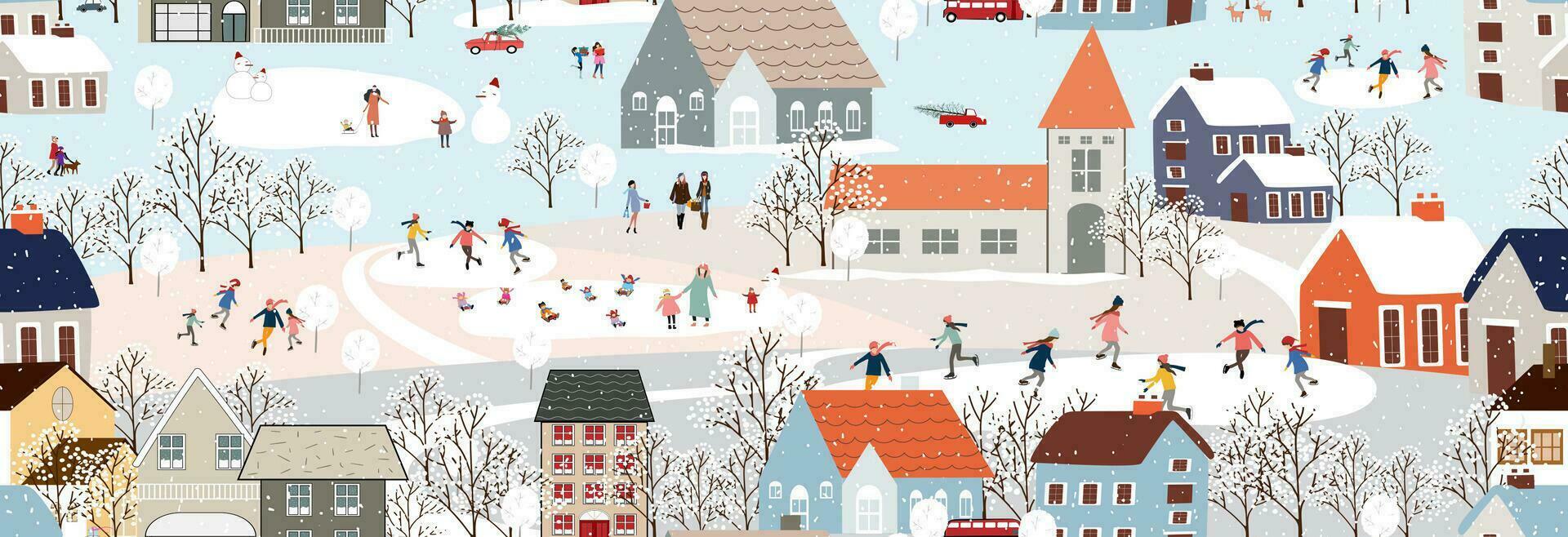sömlös mönster vinter- landskap, firar jul och ny år 2024 i stad på natt med Lycklig människor spelar is skridsko i de park, vektor horisontell baner vinter- sagoland i landsbygden