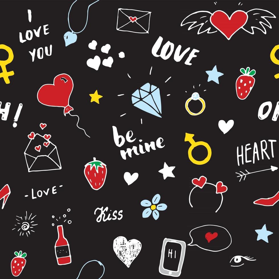 Liebe und Valentinstag nahtlose Muster Vektor-Illustration. Hand gezeichnete skizzierte Gekritzel romantische Symbole Hintergrund vektor