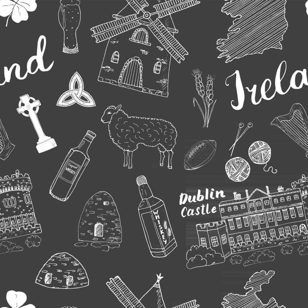 Irland skiss doodles sömlösa mönster. irländska element med flagga och karta över Irland, keltiskt kors, slott, shamrock, keltisk harpa, kvarn och får, whiskyflaskor och irländsk öl, vektorillustration vektor