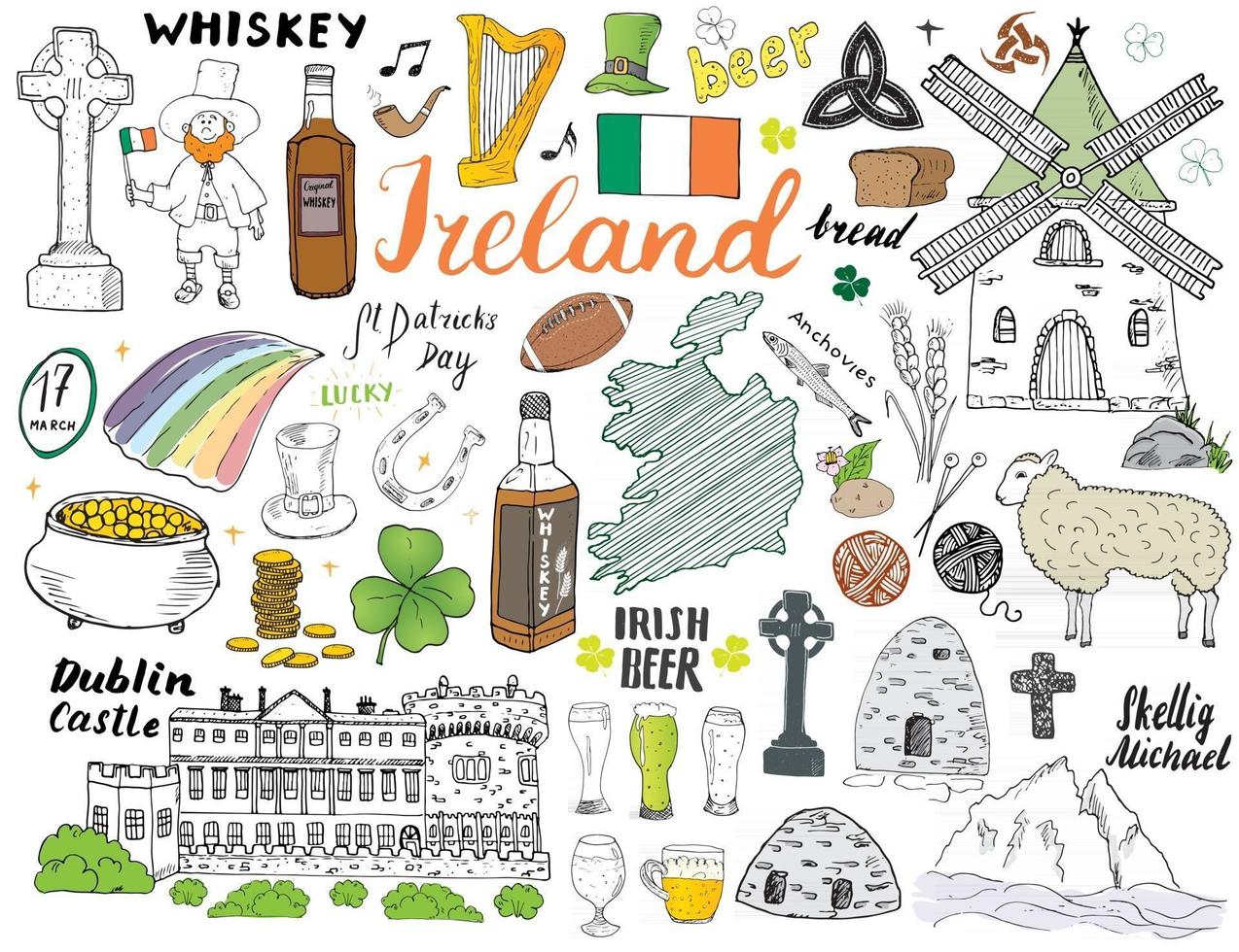 Irland skiss doodles. handritad irländska element med flagga och karta över Irland, keltiskt kors, slott, shamrock, keltisk harpa, kvarn och får, whiskyflaskor och irländsk öl, vektorillustration vektor