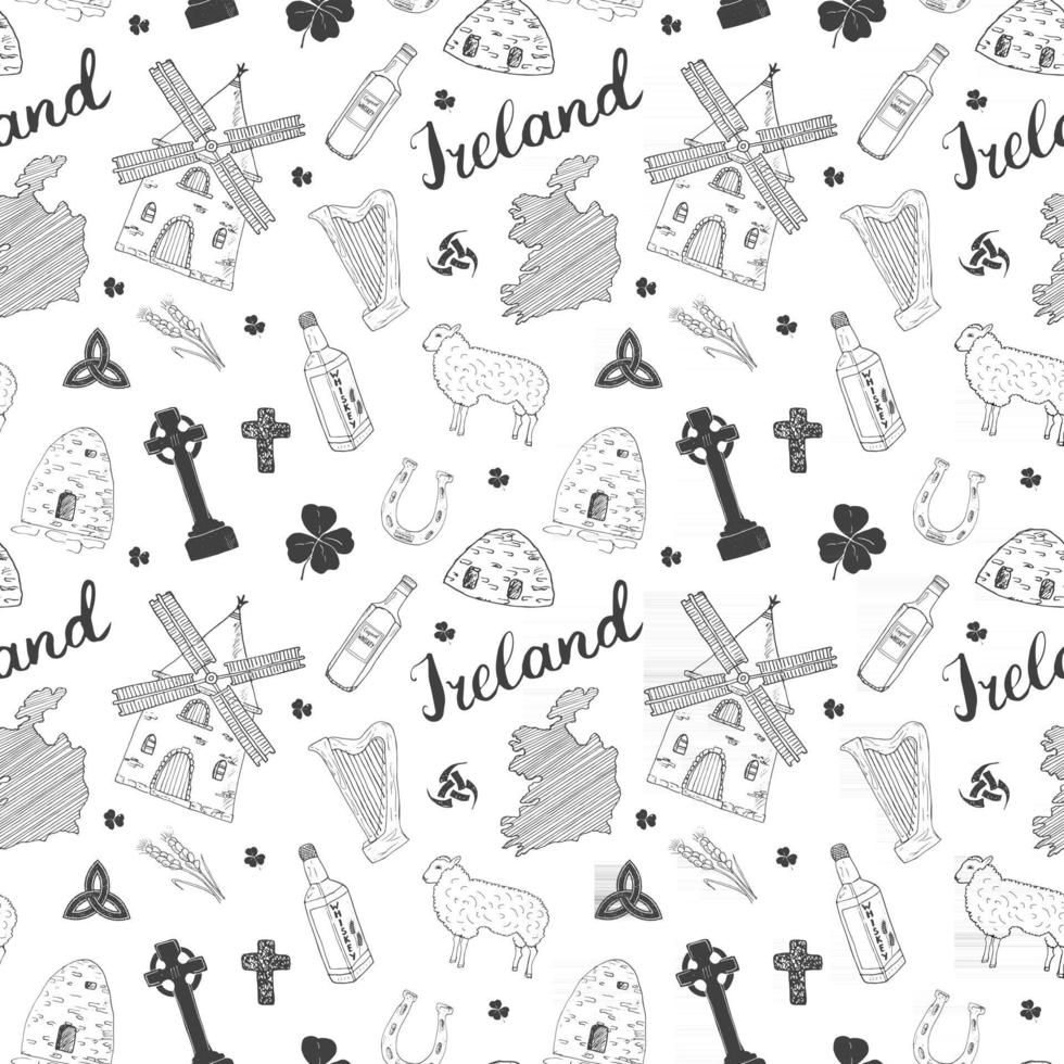 Irland skiss doodles sömlösa mönster. irländska element med flagga och karta över Irland, keltiskt kors, slott, shamrock, keltisk harpa, kvarn och får, whiskyflaskor och irländsk öl, vektorillustration vektor