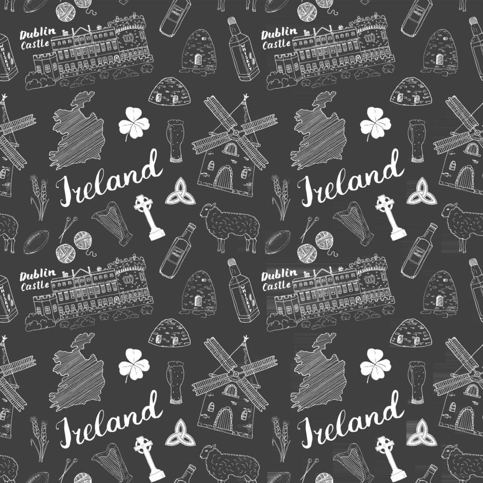 Irland skiss doodles sömlösa mönster. irländska element med flagga och karta över Irland, keltiskt kors, slott, shamrock, keltisk harpa, kvarn och får, whiskyflaskor och irländsk öl, vektorillustration vektor