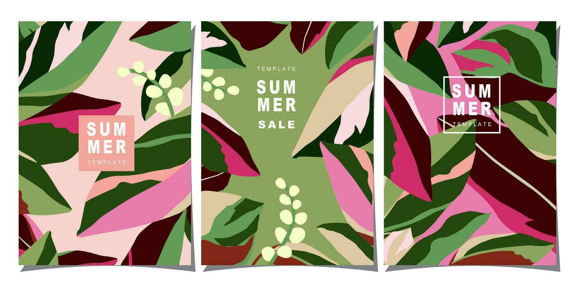 sommar mall uppsättning för affisch, kort, omslag, märka, baner i modern minimalistisk stil och enkel sommar design mallar med tropisk löv, blomma, och växter. vektor