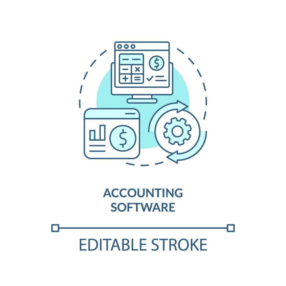 Buchhaltung Software Türkis Konzept Symbol. Computer Programm. Buchhaltung Verwaltung abstrakt Idee dünn Linie Illustration. isoliert Gliederung Zeichnung. editierbar Schlaganfall vektor