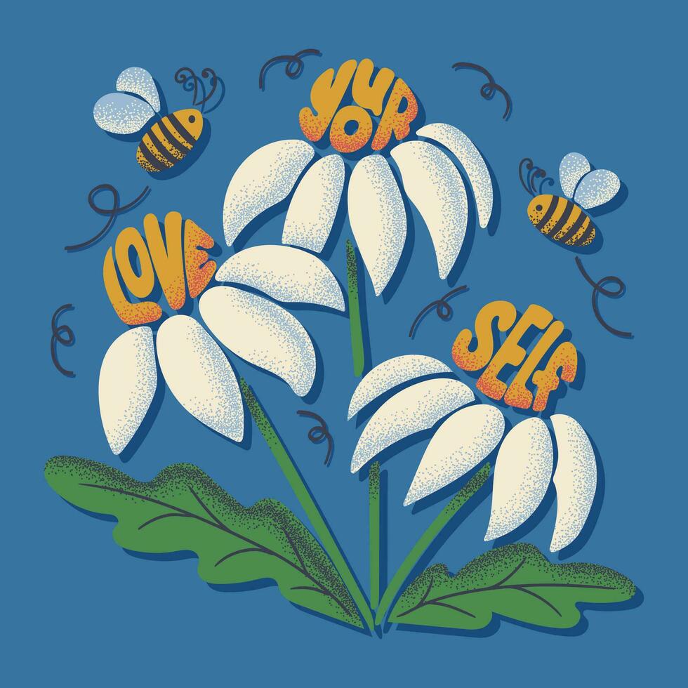 själv kärlek motiverande typografisk sammansättning. slogan kärlek själv i abstrakt blommor. platt illustration med texturerad element. trendig hand dragen skriva ut design för affischer, tröja, baner, utskrifter vektor