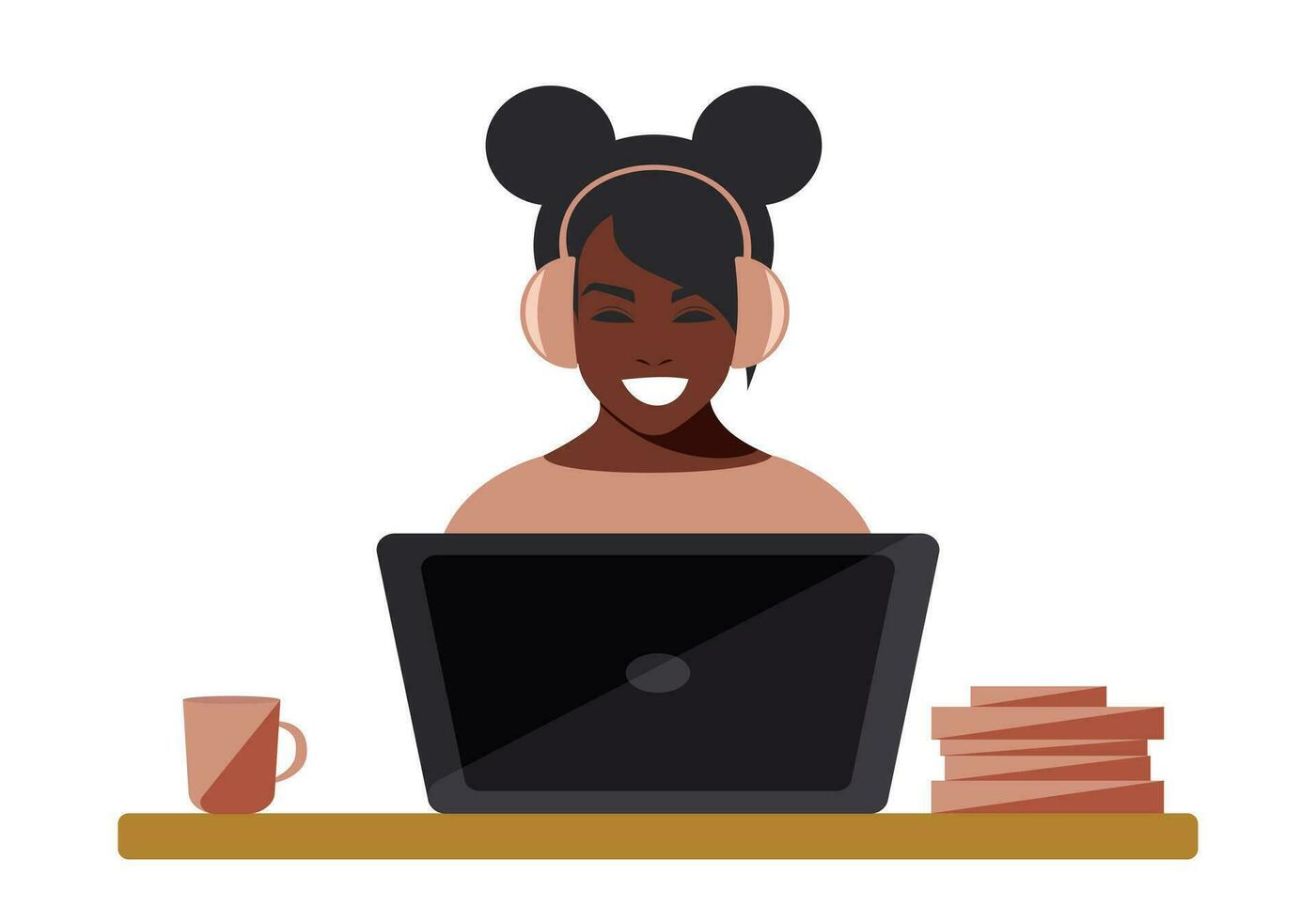 afrikanisch amerikanisch Frau im Kopfhörer funktioniert entfernt mit ein Laptop. Zuhause Büro während Quarantäne fällig zu Coronavirus. bleibe beim Zuhause und erhalten ein Bildung online. Vektor. vektor