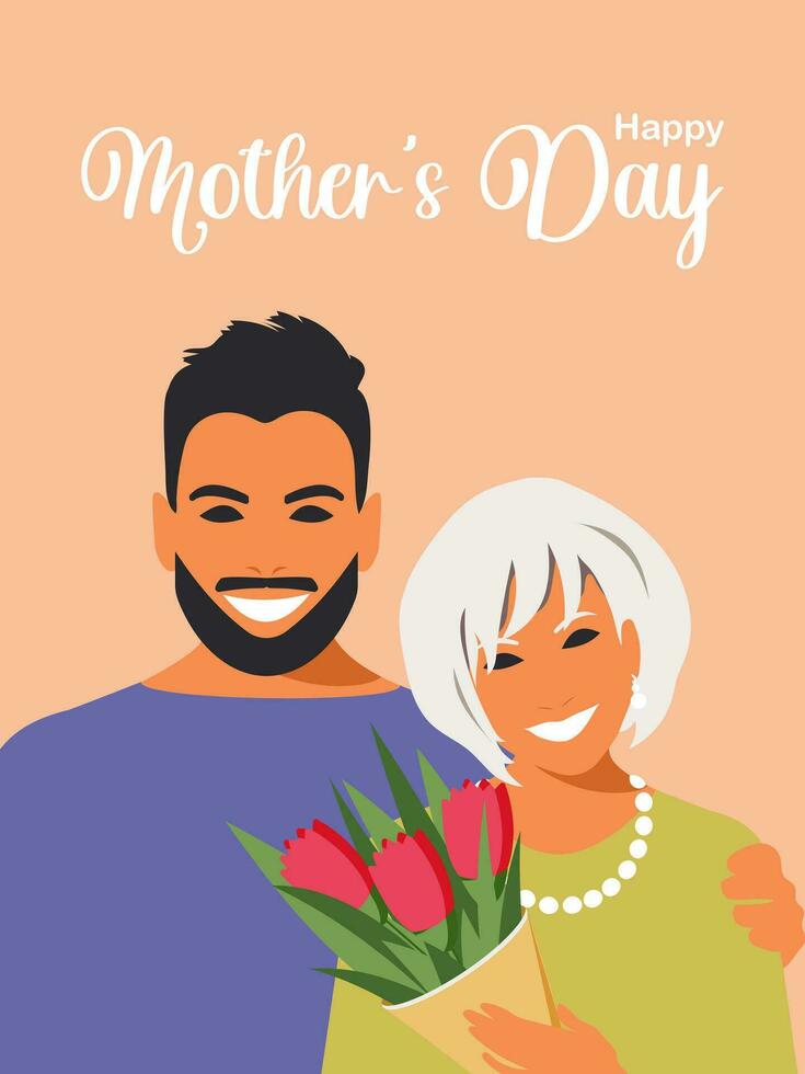 ett vuxen son ger hans gammal mor en bukett av rosa tulpaner och kärleksfullt kramar henne. mors dag hälsning kort design i platt stil. Lycklig familj porträtt. vektor. vektor
