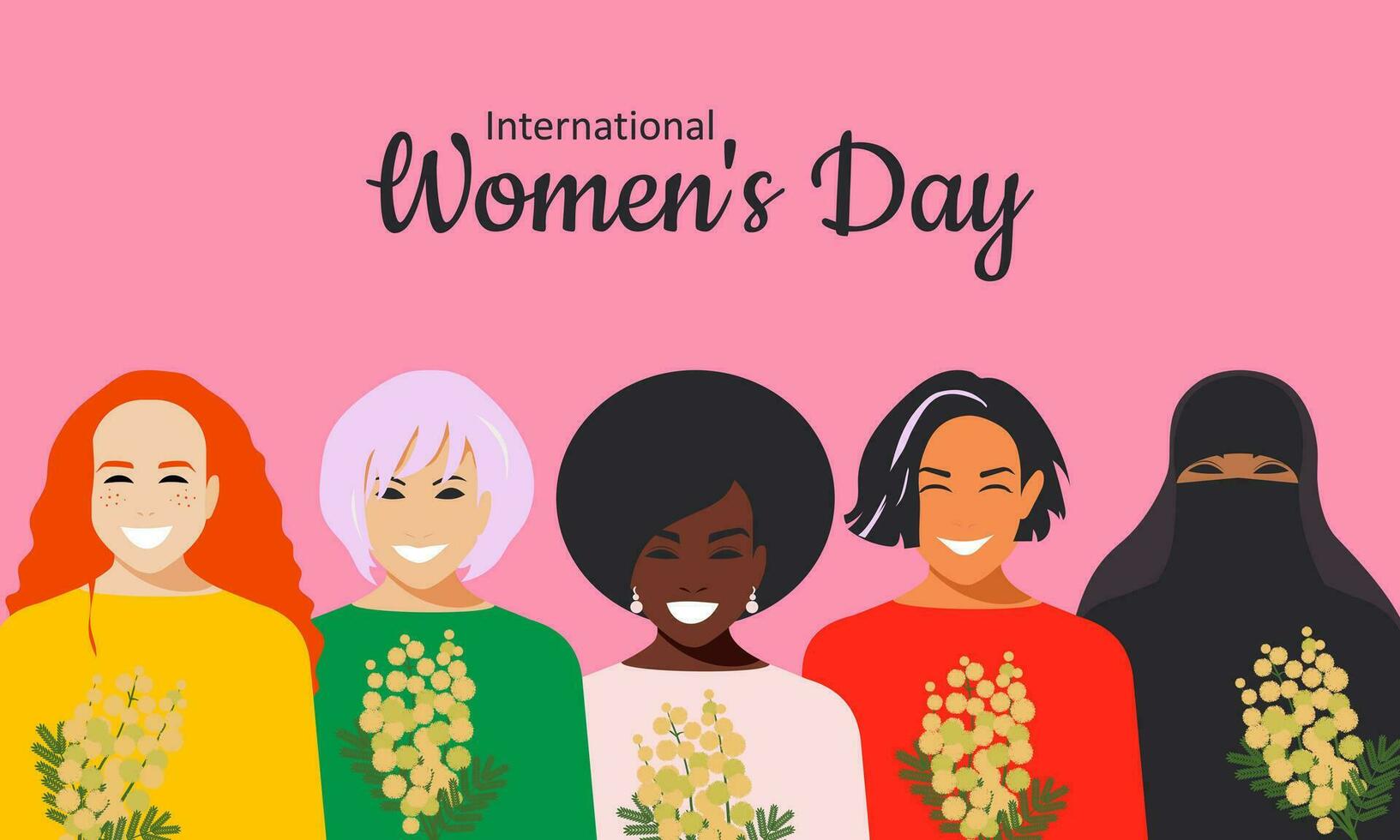 horisontell rosa affisch för internationell kvinnors dag. folkmassan av modern eleganta kvinnor av annorlunda nationaliteter och religioner med mimosa vår blommor. kvinnor leende från lycka och jämlikhet. vektor