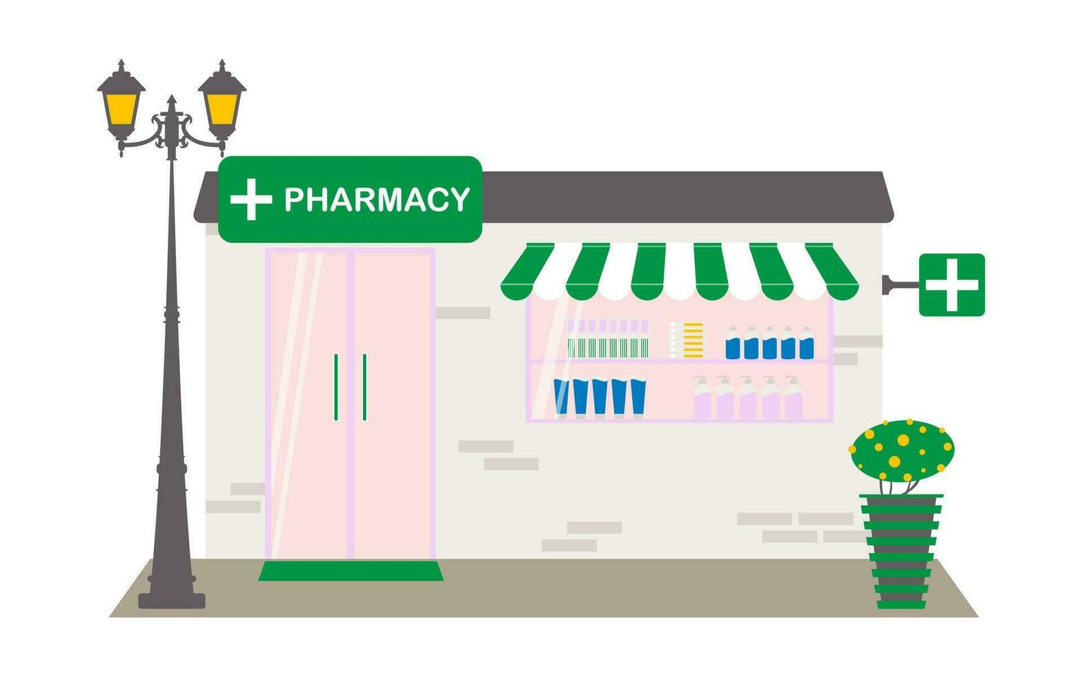 Apotheke Gebäude mit Medikamente auf ein Stadt Straße mit ein Tür und ein Vitrine. das Fassade von das Apotheke ist dekoriert mit ein Laterne und ein Topf von Blumen. Vektor. vektor