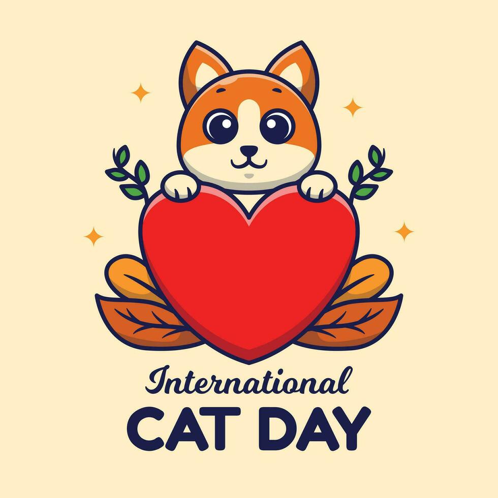 internationell katt dag vektor tecknad serie illustration. söt katt kramas hjärta platt tecknad serie begrepp.