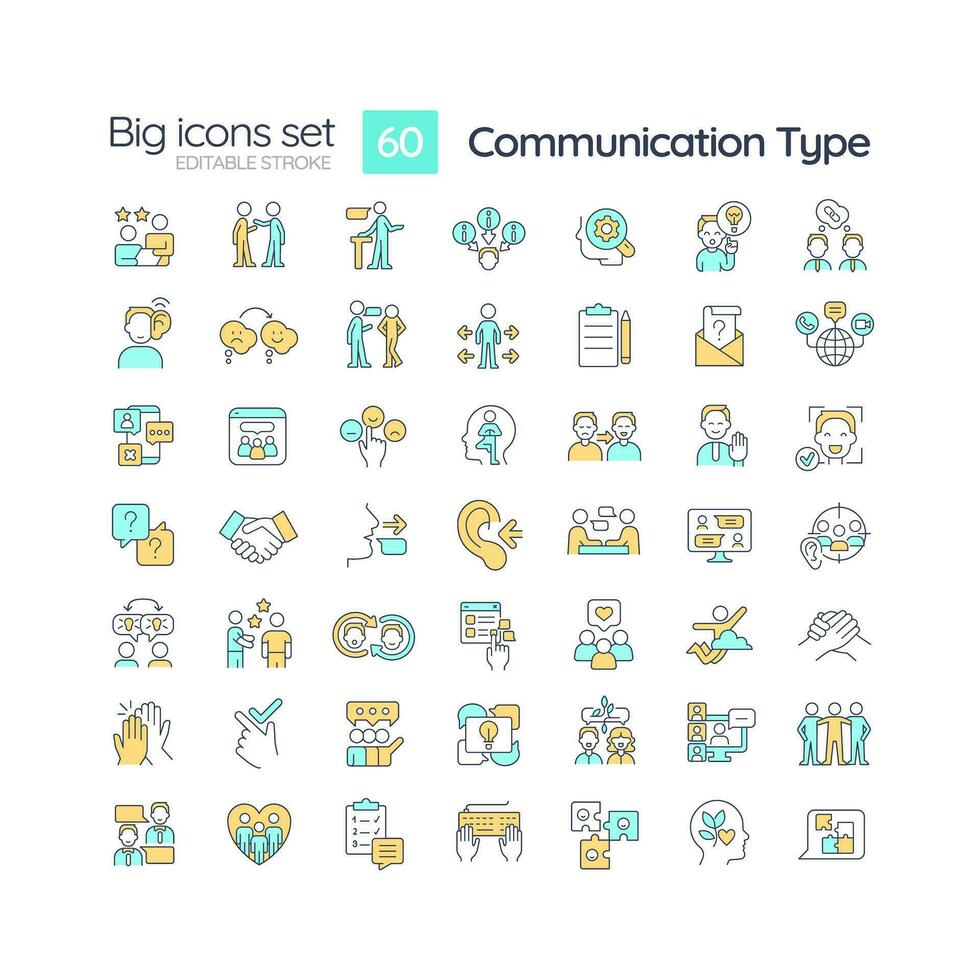 kommunikation typ rgb Färg ikoner uppsättning. social samspel. projekt förvaltning. information överföring. isolerat vektor illustrationer. enkel fylld linje ritningar samling. redigerbar stroke