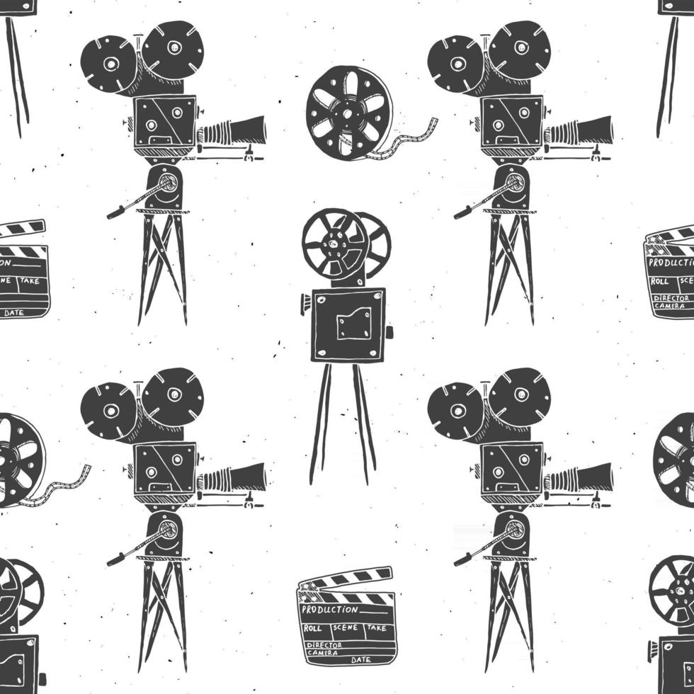 Kamera, Filmrolle und Filmklappe, nahtloses Vintage-Muster, handgezeichnete Skizze, Retro-Filmindustrie, Vektorillustration vektor