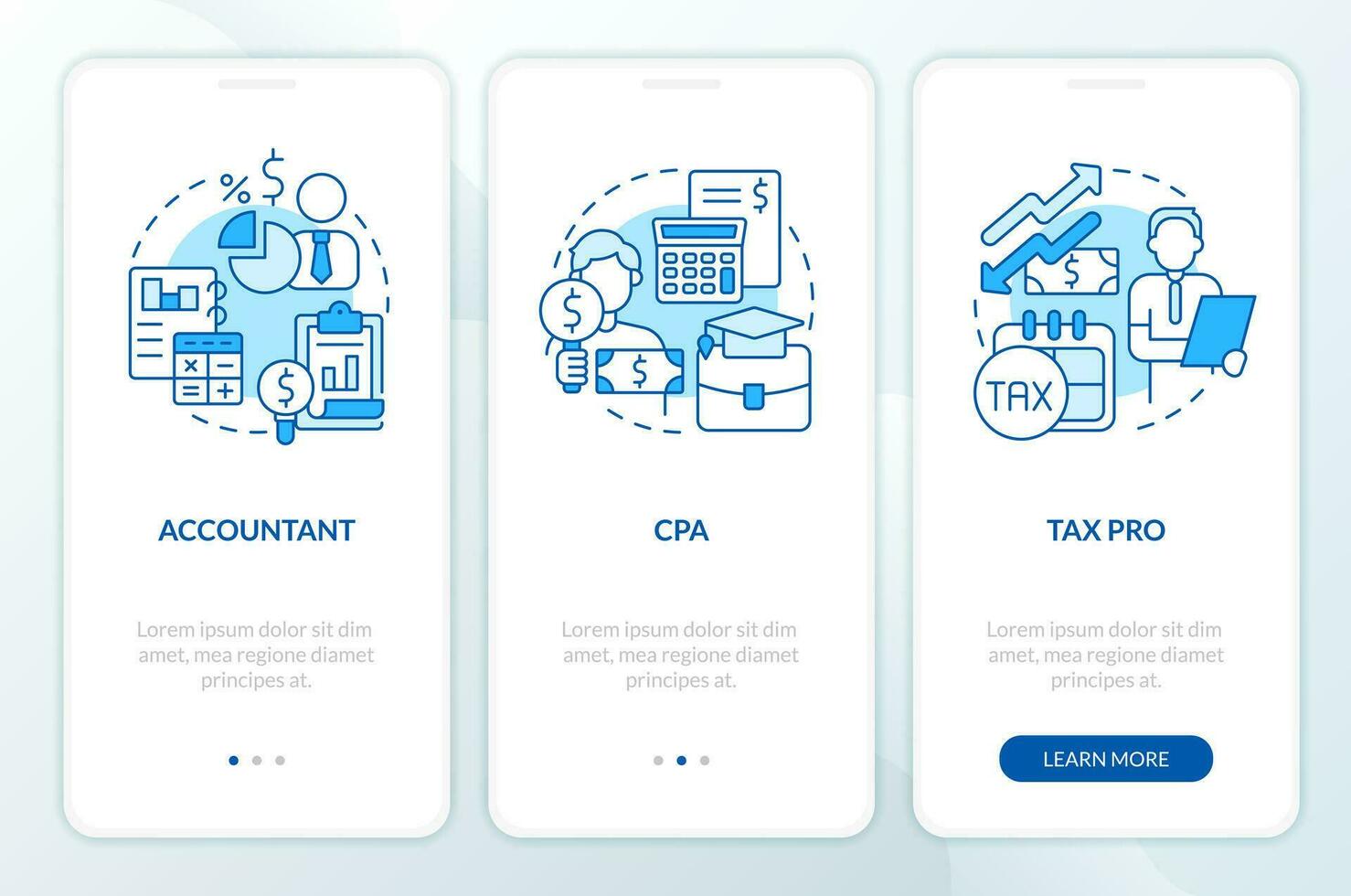 bokföring karriärer blå onboarding mobil app skärm. kvalifikationer. genomgång 3 steg redigerbar grafisk instruktioner med linjär begrepp. ui, ux, gui mall vektor