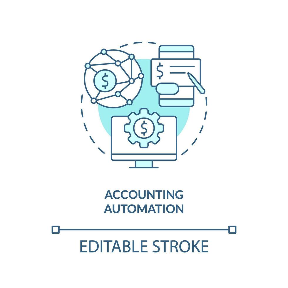 Automatisierung Türkis Konzept Symbol. Computer Programm. Buchhaltung Software Vorteil abstrakt Idee dünn Linie Illustration. isoliert Gliederung Zeichnung. editierbar Schlaganfall vektor