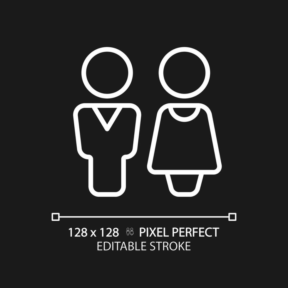 toalett dörr tecken pixel perfekt vit linjär ikon för mörk tema. toalett ingång i offentlig Centrum. unisex- toiler märke. tunn linje illustration. isolerat symbol för natt läge. redigerbar stroke vektor