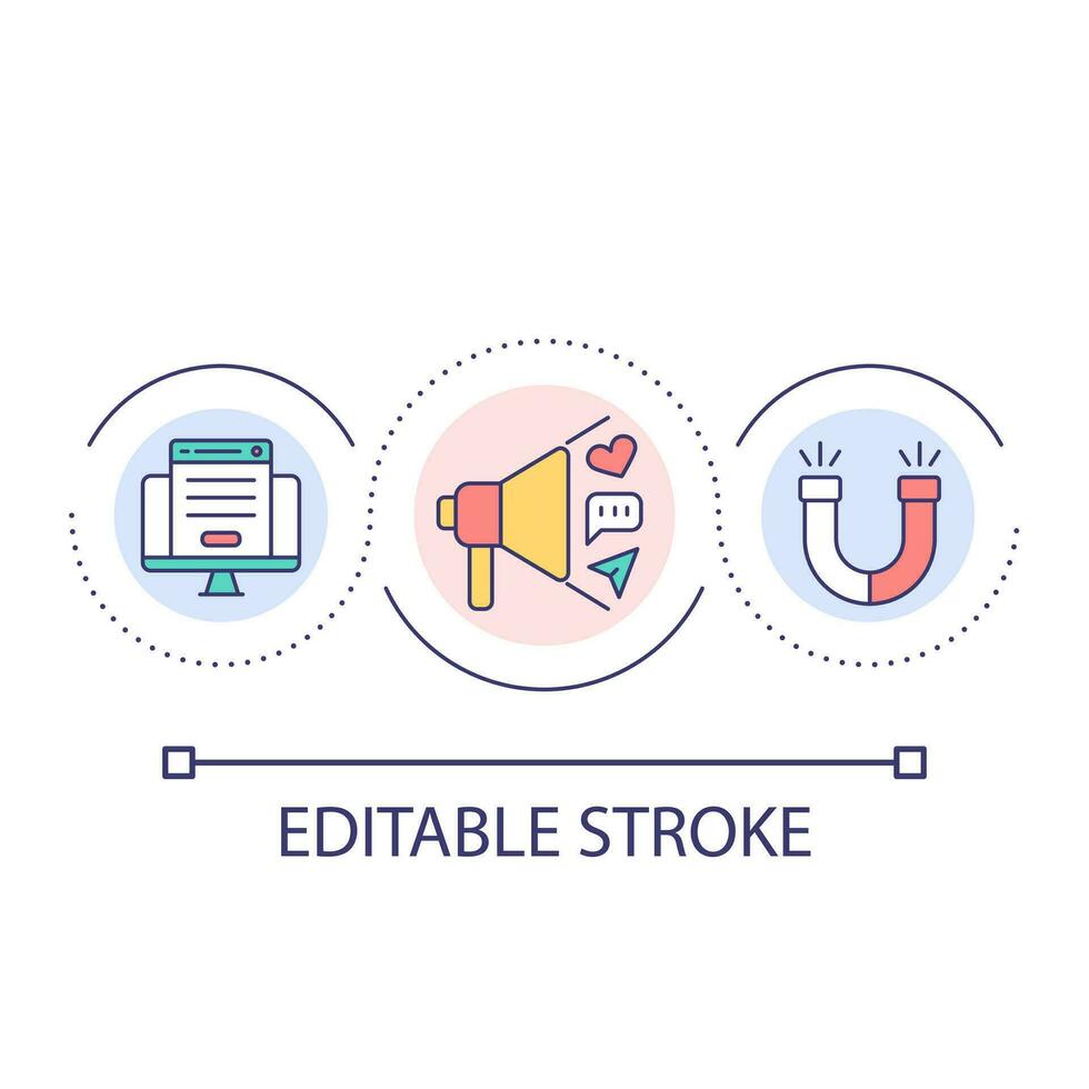 mål reklam slinga begrepp ikon. uppkopplad befordran. digital marknadsföring kampanj. förlova sig klienter abstrakt aning tunn linje illustration. isolerat översikt teckning. redigerbar stroke vektor