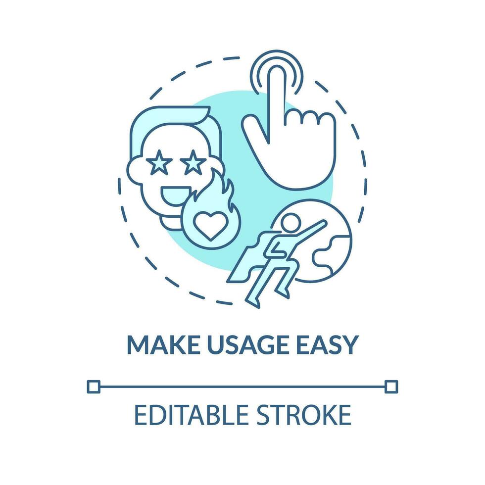 machen Verwendungszweck einfach Türkis Konzept Symbol. Verbraucher Zufriedenheit. Produkt Entwicklung. führen Unternehmen. Benutzer Erfahrung abstrakt Idee dünn Linie Illustration. isoliert Gliederung Zeichnung. editierbar Schlaganfall vektor