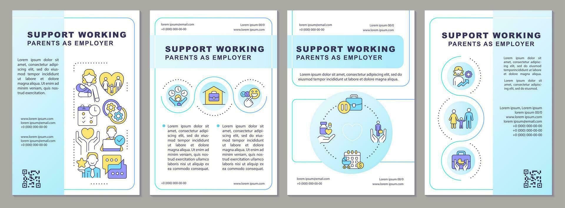 Unterstützung Arbeiten Eltern Blau Broschüre Vorlage. familienfreundlich. Flugblatt Design mit linear Symbole. editierbar 4 Vektor Layouts zum Präsentation, jährlich Berichte