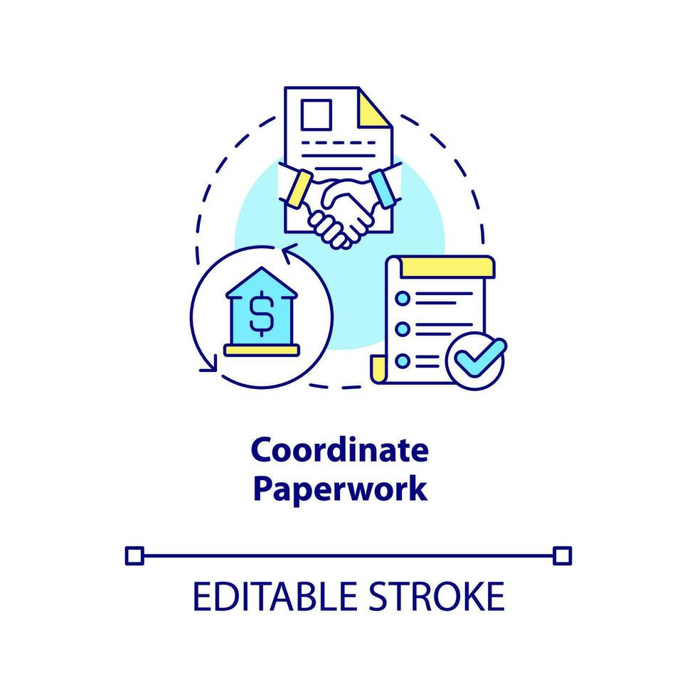 samordna pappersarbete begrepp ikon. bostadsköp dricks. verklig egendom. spårning dokument abstrakt aning tunn linje illustration. isolerat översikt teckning. redigerbar stroke vektor