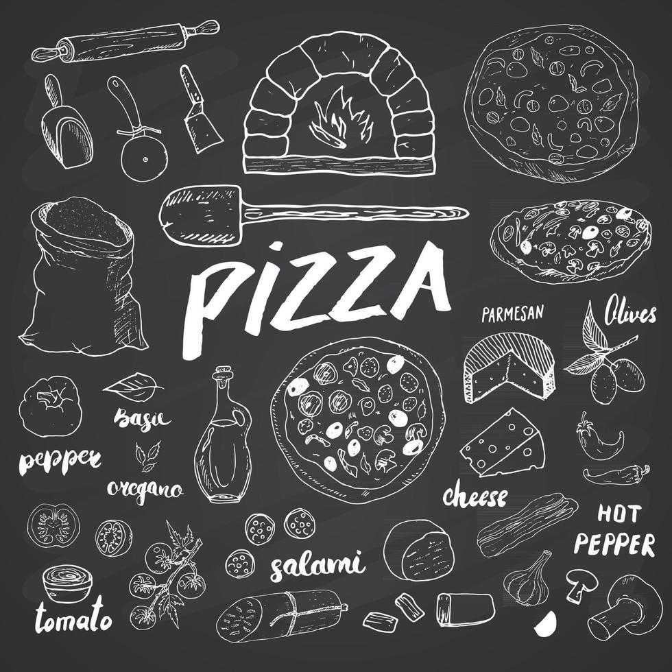 handgezeichnetes Skizzen-Set des Pizzamenüs. Designvorlage für die Zubereitung von Pizza mit Käse, Oliven, Salami, Pilzen, Tomaten, Mehl und anderen Zutaten. Vektorillustration lokalisiert auf weißem Hintergrund vektor