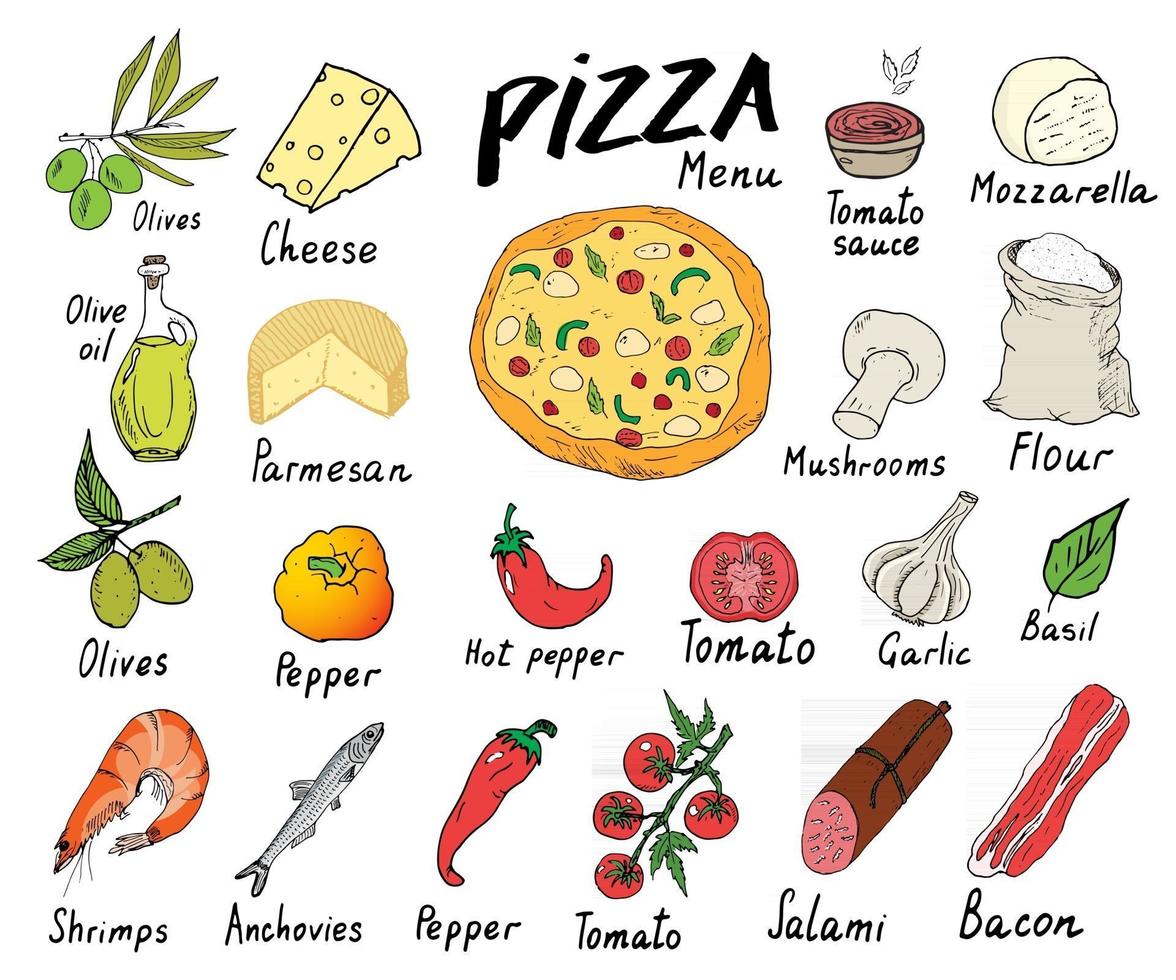 pizza meny handritad skiss set. formgivningsmall för pizza med ost, oliver, salami, svamp, tomater, mjöl och andra ingredienser. vektorillustration isolerad på vit bakgrund vektor