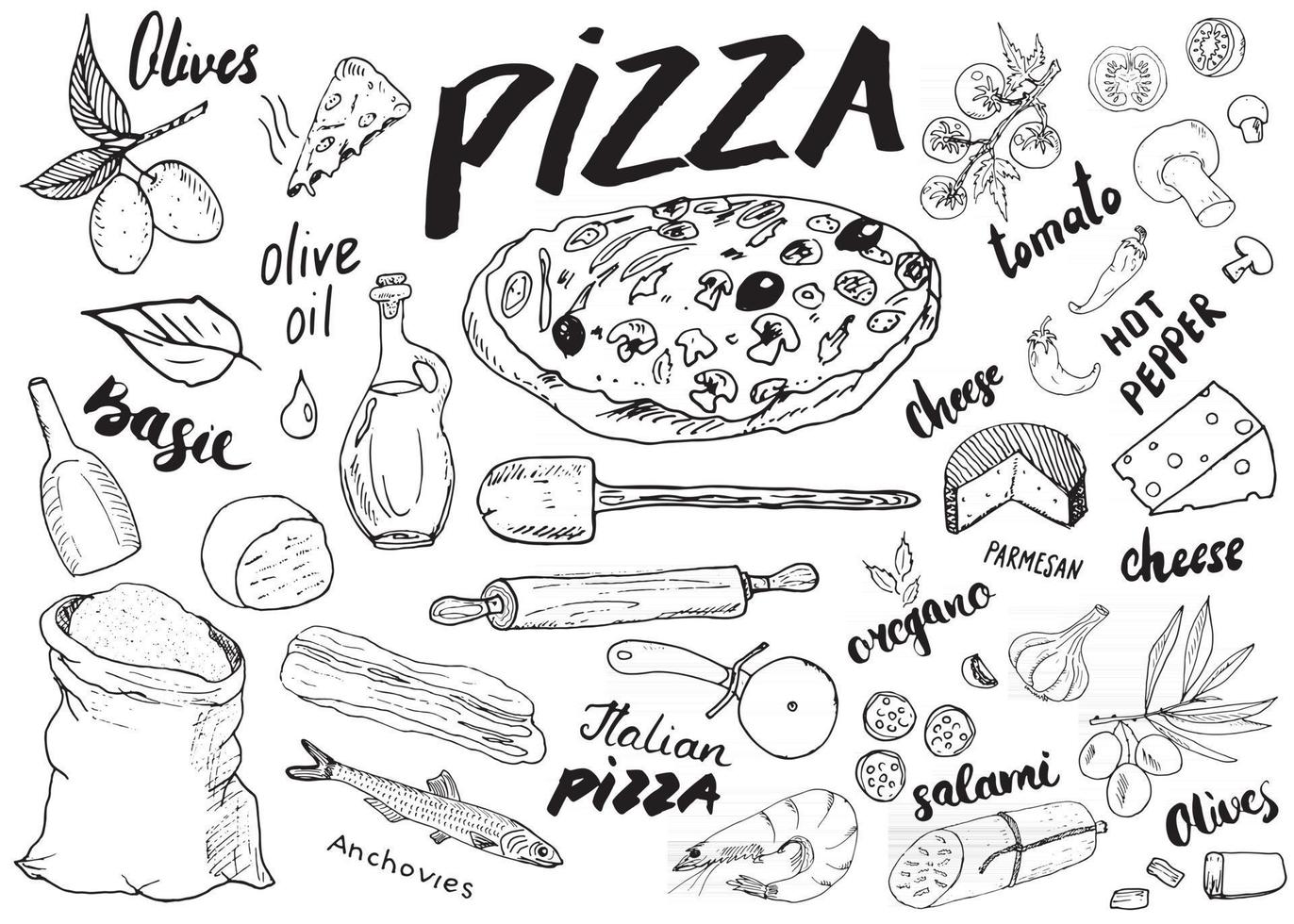 handgezeichnetes Skizzen-Set des Pizzamenüs. Designvorlage für die Zubereitung von Pizza mit Käse, Oliven, Salami, Pilzen, Tomaten, Mehl und anderen Zutaten. Vektorillustration lokalisiert auf weißem Hintergrund vektor