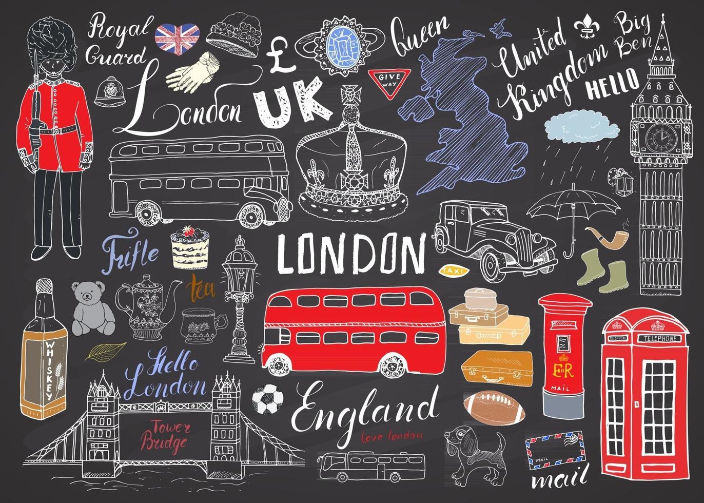 london city doodles element samling. handritad uppsättning med, tornbro, krona, big ben, kungliga vakt, röd buss och hytt, brittisk karta och flagga, tekanna, bokstäver, vektorillustration isolerad vektor