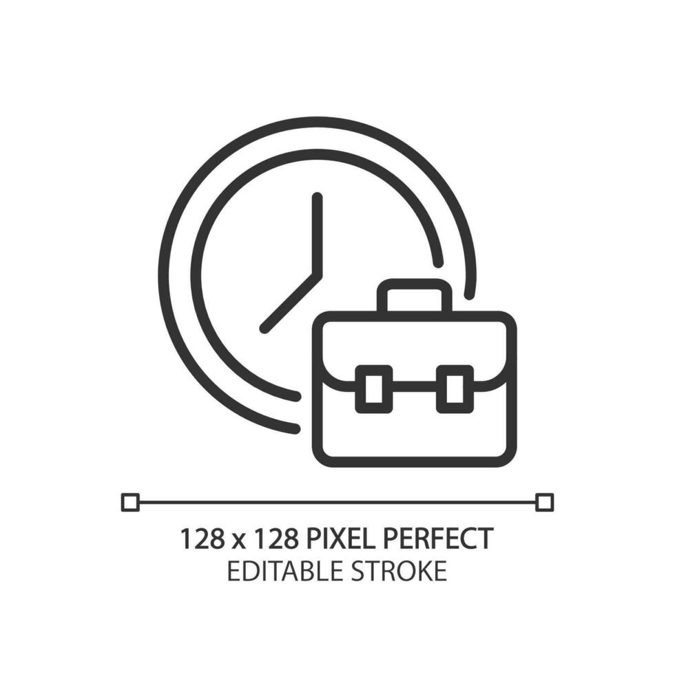 Arbeiten Std Pixel perfekt linear Symbol. Beschäftigung Dauer. Vollzeit Mitarbeiter. Arbeit Zeitplan. dünn Linie Illustration. Kontur Symbol. Vektor Gliederung Zeichnung. editierbar Schlaganfall