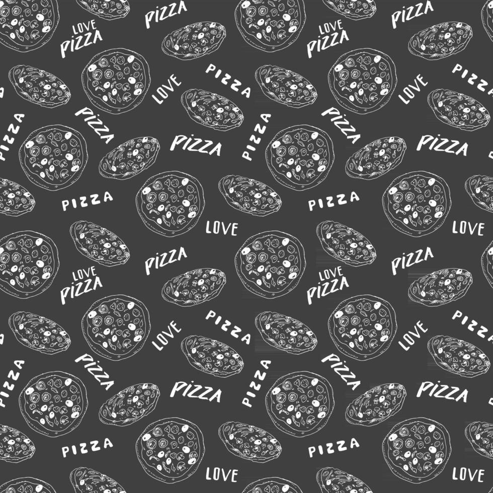 handgezeichnete Skizze des nahtlosen Musters der Pizza. ganze Pizza und Scheibe kritzelt Lebensmittelhintergrund. Vektorillustration vektor