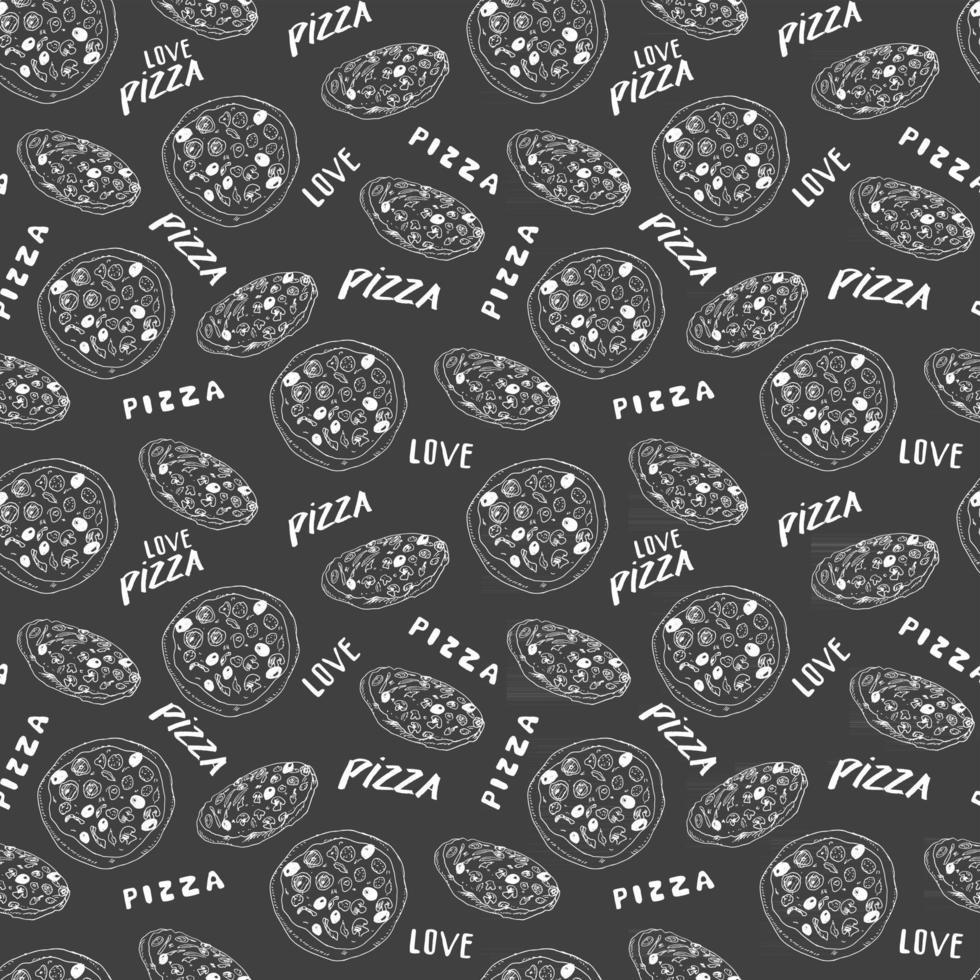 pizza sömlösa mönster handritad skiss. hel pizza och skiva klotter mat bakgrund. vektor illustration