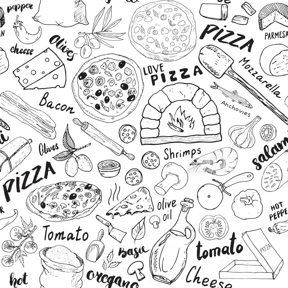 pizza sömlösa mönster handritad skiss. pizza doodles mat bakgrund med mjöl och andra livsmedelsingredienser, ugn och köksredskap. vektor illustration