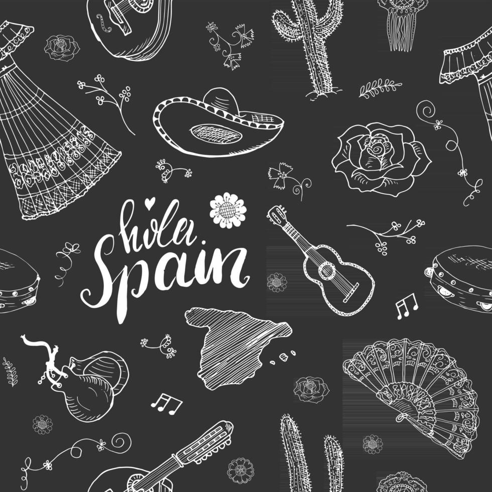 spanien sömlösa mönster doodle element, handritad skiss spanska mat räkor, oliver, druva, flagga och bokstäver. vektor illustration bakgrund.