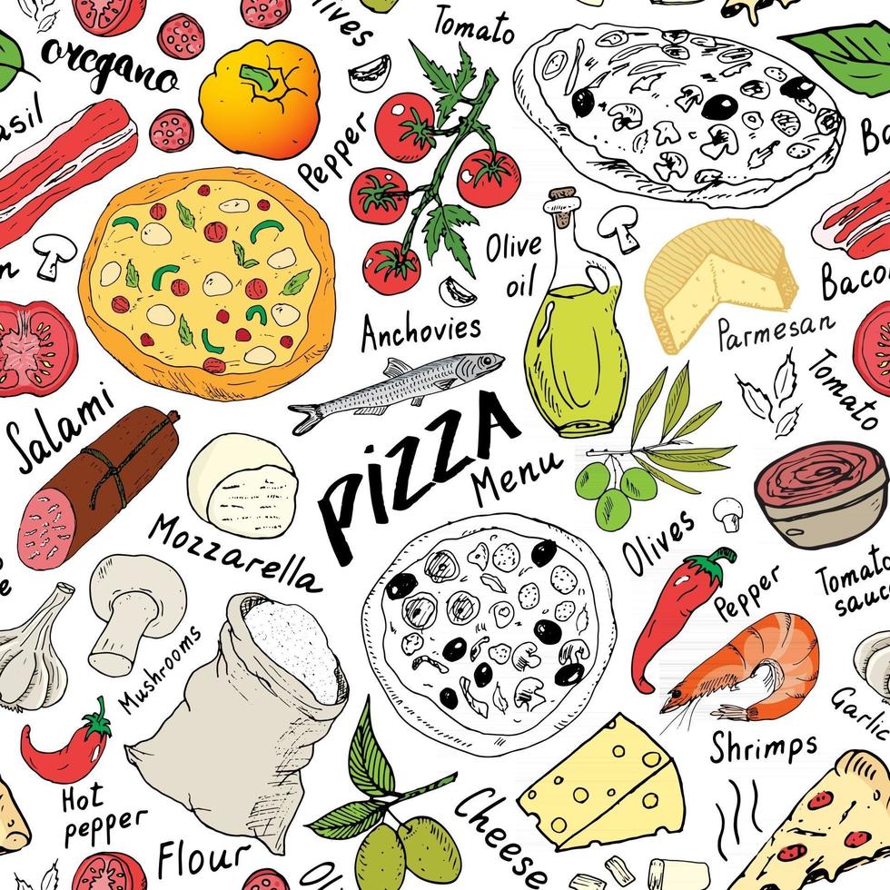 handgezeichnete Skizze des nahtlosen Musters der Pizza. Pizza kritzelt Lebensmittelhintergrund mit Mehl und anderen Lebensmittelzutaten, Ofen- und Küchenwerkzeugen. Vektorillustration vektor