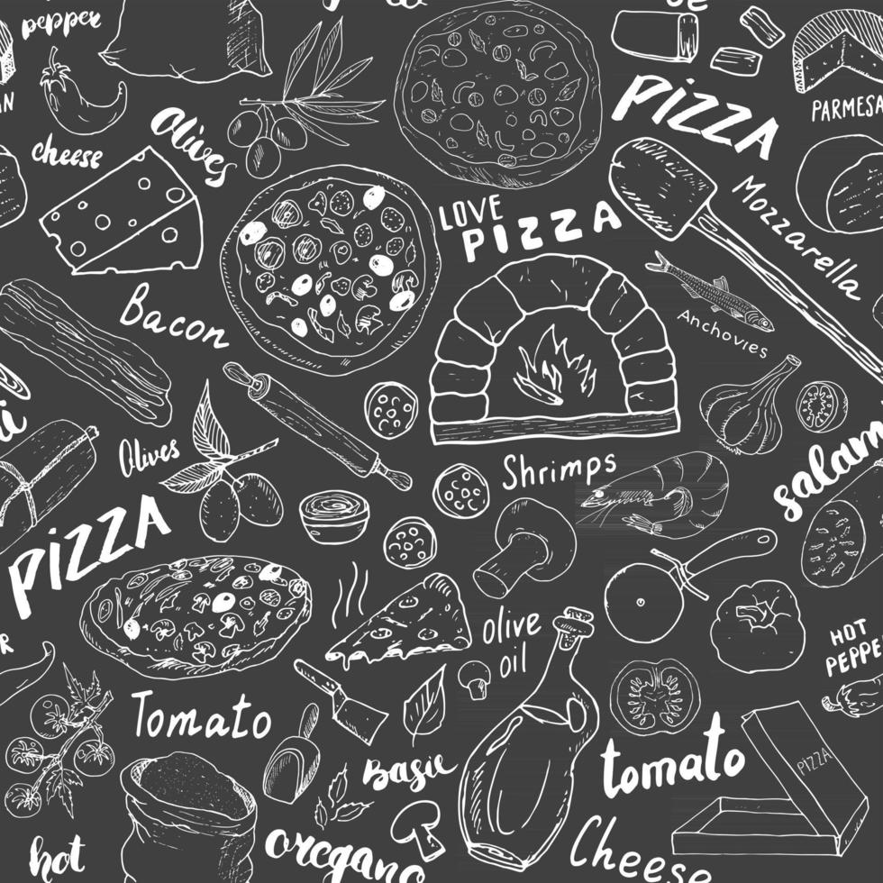 pizza sömlösa mönster handritad skiss. pizza doodles mat bakgrund med mjöl och andra livsmedelsingredienser, ugn och köksredskap. vektor illustration
