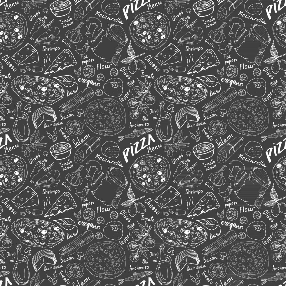 pizza sömlösa mönster handritad skiss. pizza doodles mat bakgrund med mjöl och andra livsmedelsingredienser, ugn och köksredskap. vektor illustration