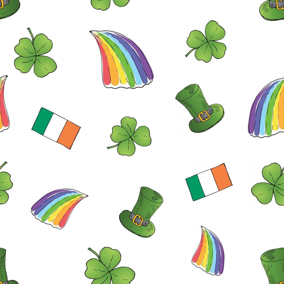 Hand gezeichnetes Gekritzel nahtloses Muster des St. Patrick's Day mit Koboldhut, Topf mit Goldmünzen, Regenbogen, Bier, vierblättrigem Kleeblatt, Hufeisen, keltischer Harfenvektorillustrationshintergrund vektor