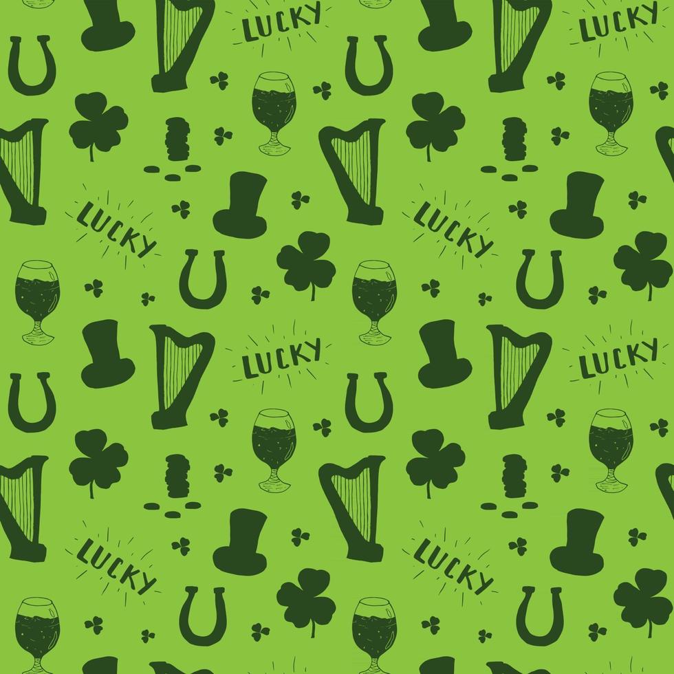 St Patrick's Day handritad doodle sömlösa mönster, med leprechaun hatt, kruka med guldmynt, regnbåge, öl, fyrklöver, hästsko, keltisk harpa vektor illustration bakgrund