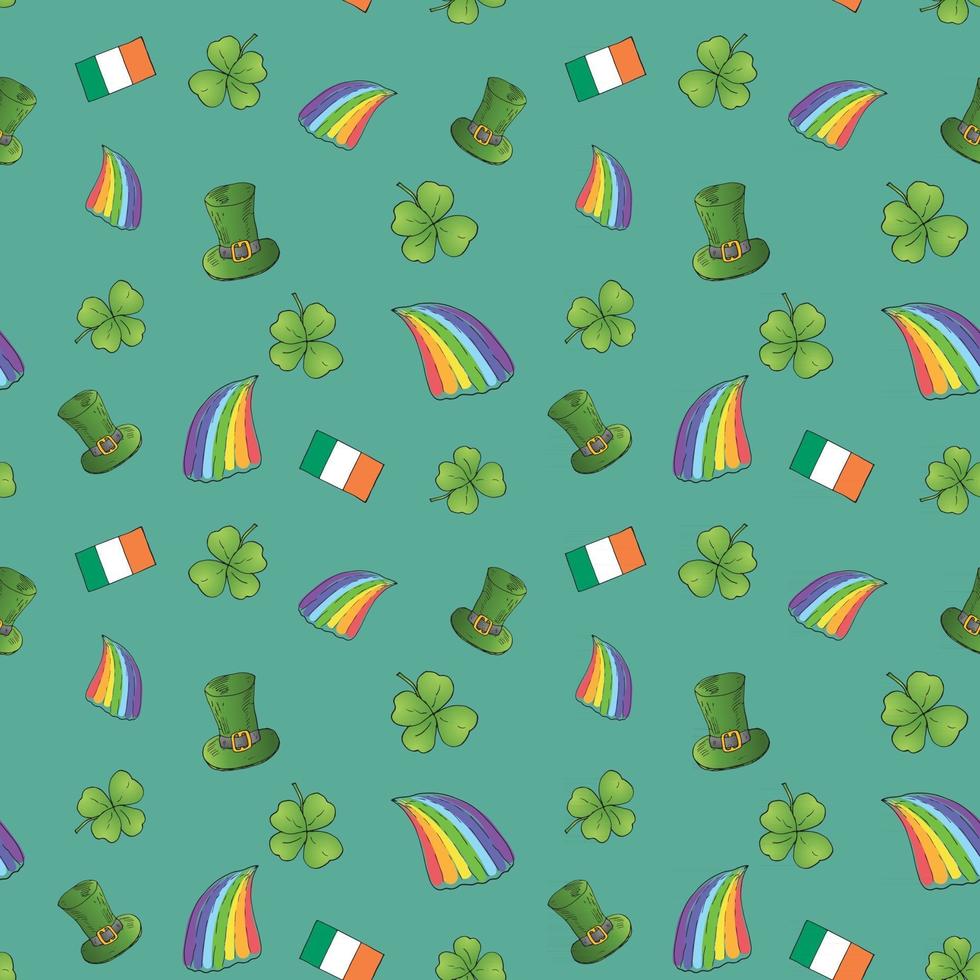 Hand gezeichnetes Gekritzel nahtloses Muster des St. Patrick's Day mit Koboldhut, Topf mit Goldmünzen, Regenbogen, Bier, vierblättrigem Kleeblatt, Hufeisen, keltischer Harfenvektorillustrationshintergrund vektor