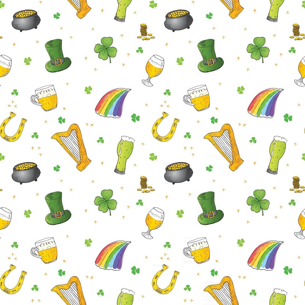 Hand gezeichnetes Gekritzel nahtloses Muster des St. Patrick's Day mit Koboldhut, Topf mit Goldmünzen, Regenbogen, Bier, vierblättrigem Kleeblatt, Hufeisen, keltischer Harfenvektorillustrationshintergrund vektor