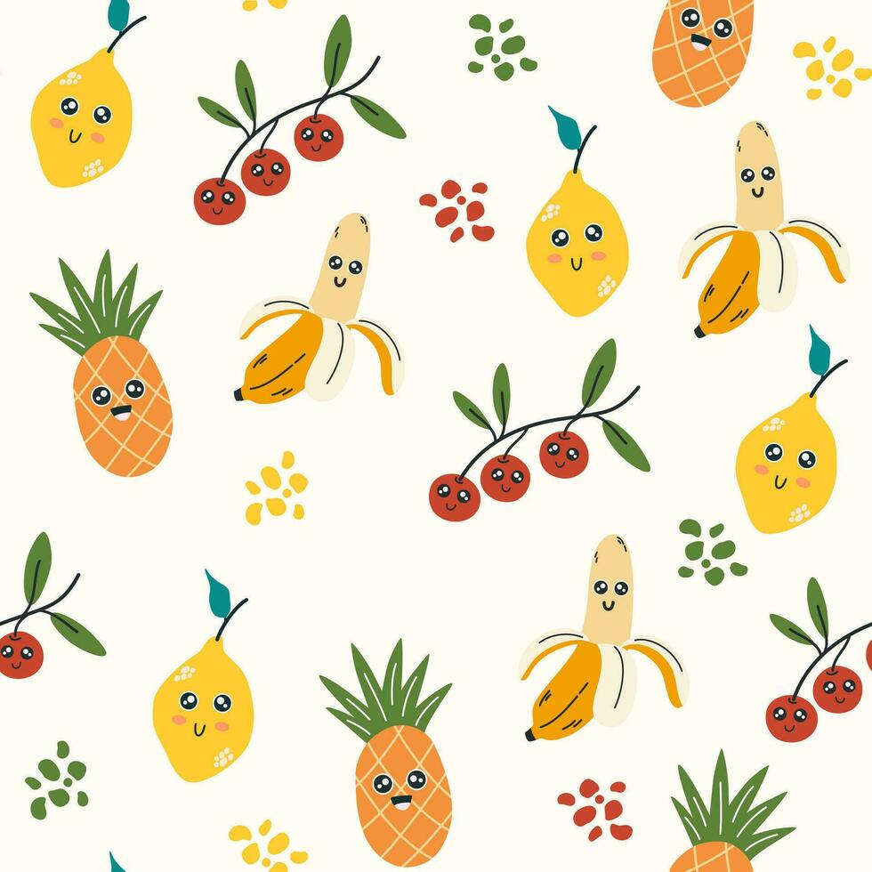 Obst Charakter nahtlos Muster. Banane, Ananas, Zitrone und Beeren. süß T-Shirt und Textil- Design zum Kinder Kleidung. verwenden zum Mode tragen, T-Shirt drucken, Textil, Oberfläche Design. Vektor